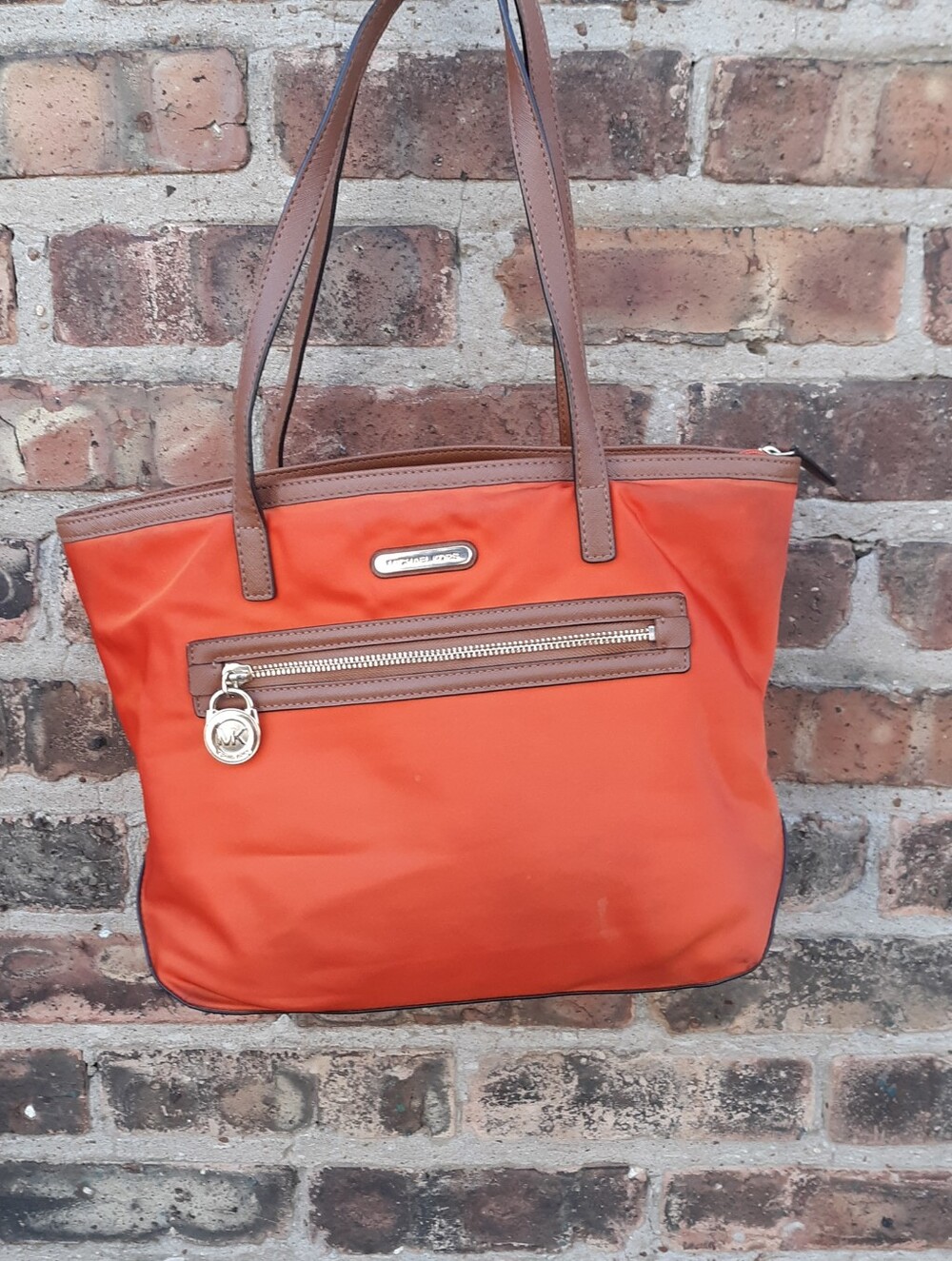 Michael Kors Orange Nylon Tote Bag Saffiano Leather Trim Y2K Shoulder Purse